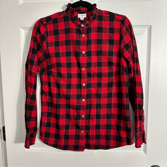 J. Crew size XS red/black check top with silver metallic threads, long sleeve - Picture 1 of 11